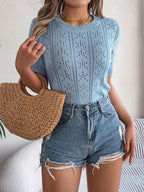 Openwork Round Neck Short Sleeve Knit Top - H&A Outlet