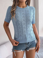 Openwork Round Neck Short Sleeve Knit Top - H&A Outlet