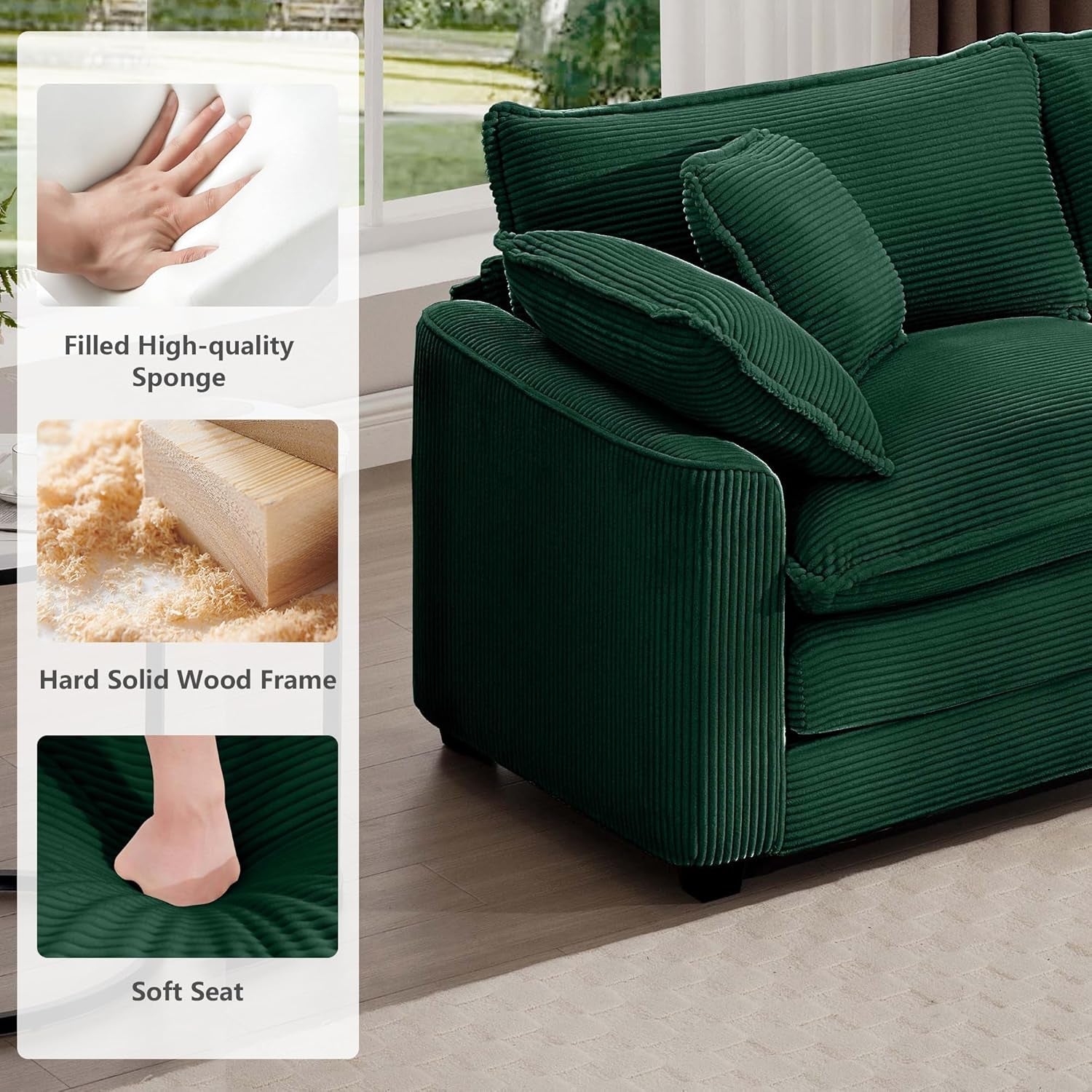 Oversized 2 Piece Sofa Set for Living Room, 3 - Seater & Loveseat Couch, Modular Sectional Deep Seat Corduroy Comfy Cloud Couches with 4 Armrest Pillows and 5 Toss Pillows, Green - H&A Outlet