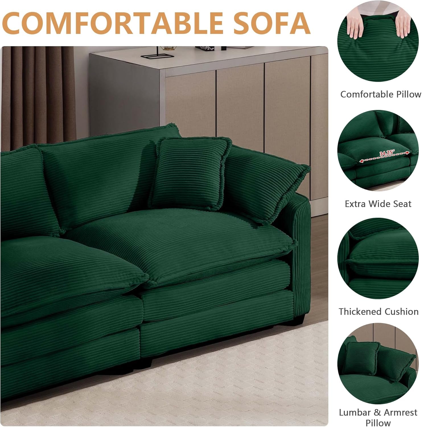 Oversized 2 Piece Sofa Set for Living Room, 3 - Seater & Loveseat Couch, Modular Sectional Deep Seat Corduroy Comfy Cloud Couches with 4 Armrest Pillows and 5 Toss Pillows, Green - H&A Outlet