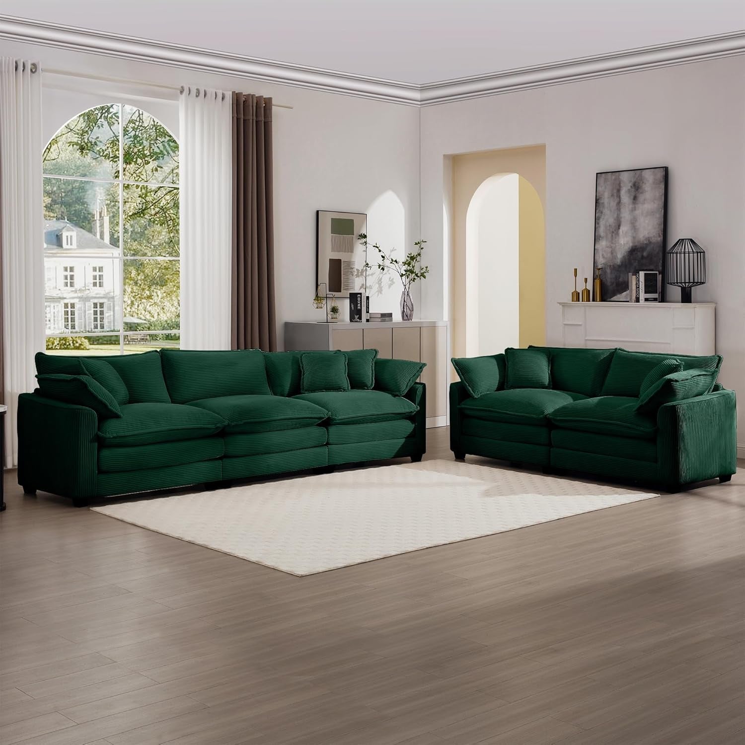 Oversized 2 Piece Sofa Set for Living Room, 3 - Seater & Loveseat Couch, Modular Sectional Deep Seat Corduroy Comfy Cloud Couches with 4 Armrest Pillows and 5 Toss Pillows, Green - H&A Outlet