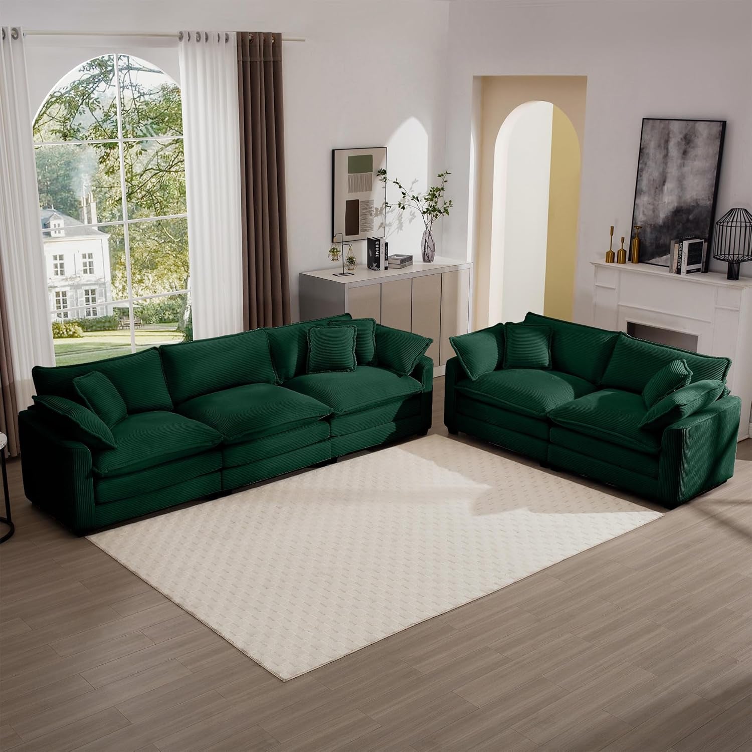 Oversized 2 Piece Sofa Set for Living Room, 3 - Seater & Loveseat Couch, Modular Sectional Deep Seat Corduroy Comfy Cloud Couches with 4 Armrest Pillows and 5 Toss Pillows, Green - H&A Outlet