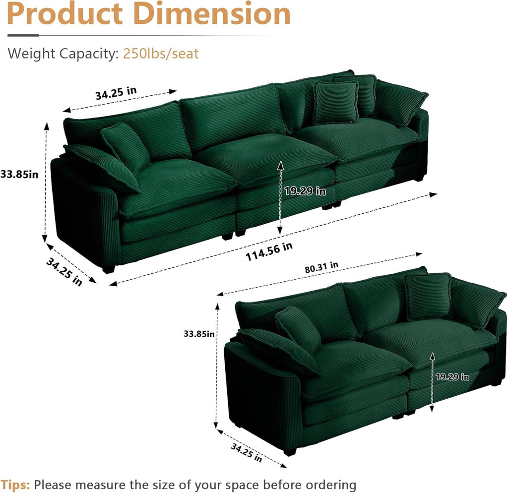 Oversized 2 Piece Sofa Set for Living Room, 3 - Seater & Loveseat Couch, Modular Sectional Deep Seat Corduroy Comfy Cloud Couches with 4 Armrest Pillows and 5 Toss Pillows, Green - H&A Outlet