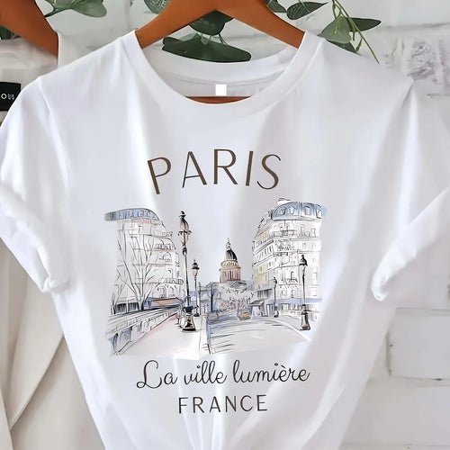 Paris Print T-shirt, Short Sleeve Crew Neck Casual Top for Summer & - H&A Outlet