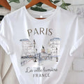 Paris Print T-shirt, Short Sleeve Crew Neck Casual Top for Summer & - H&A Outlet