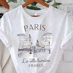 Paris Print T-shirt, Short Sleeve Crew Neck Casual Top for Summer & - H&A Outlet