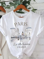 Paris Print T-shirt, Short Sleeve Crew Neck Casual Top for Summer & - H&A Outlet