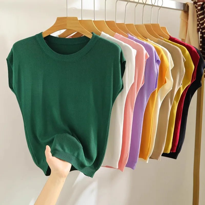 Plus Size Strap Vest Women Summer Inner Wear Short Thin Knitted Slimming Sleeveless Top Trendy White Base Layer Round Neck - H&A Outlet