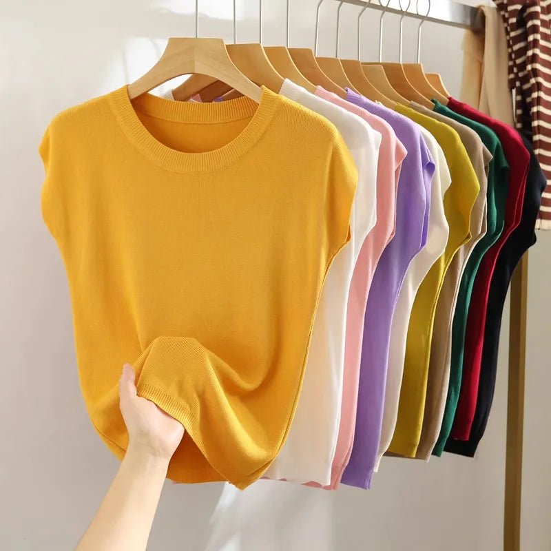 Plus Size Strap Vest Women Summer Inner Wear Short Thin Knitted Slimming Sleeveless Top Trendy White Base Layer Round Neck - H&A Outlet