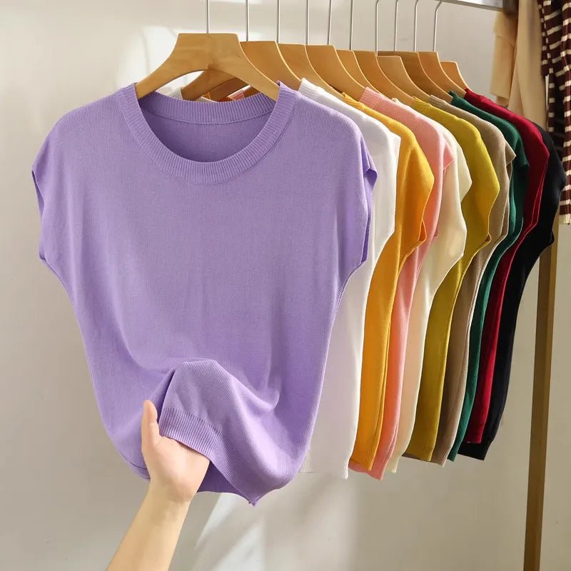 Plus Size Strap Vest Women Summer Inner Wear Short Thin Knitted Slimming Sleeveless Top Trendy White Base Layer Round Neck - H&A Outlet
