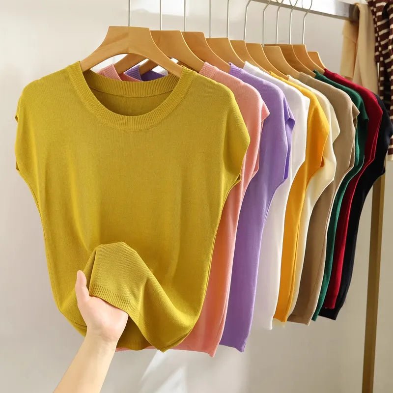 Plus Size Strap Vest Women Summer Inner Wear Short Thin Knitted Slimming Sleeveless Top Trendy White Base Layer Round Neck - H&A Outlet