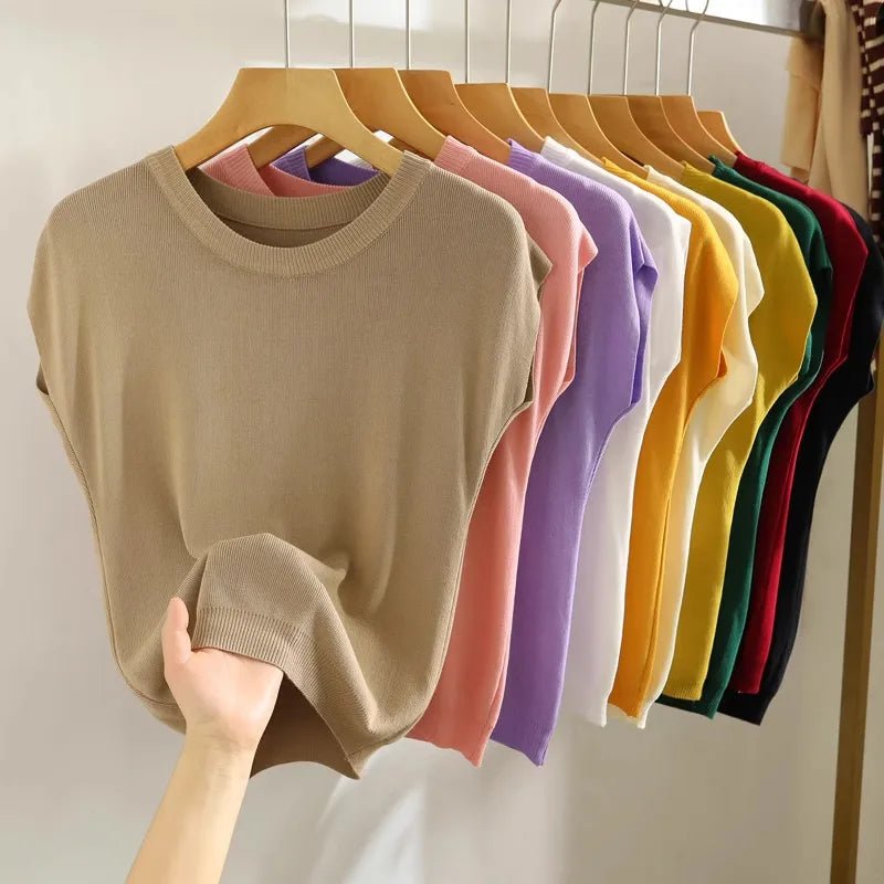 Plus Size Strap Vest Women Summer Inner Wear Short Thin Knitted Slimming Sleeveless Top Trendy White Base Layer Round Neck - H&A Outlet