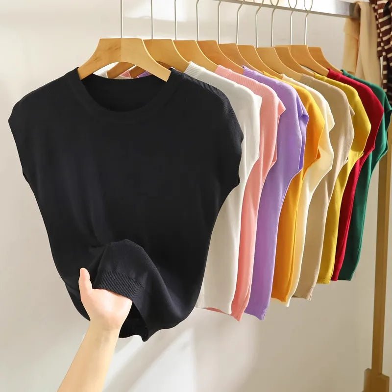 Plus Size Strap Vest Women Summer Inner Wear Short Thin Knitted Slimming Sleeveless Top Trendy White Base Layer Round Neck - H&A Outlet