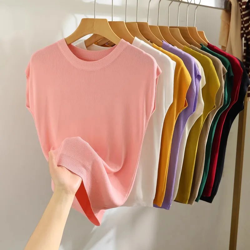 Plus Size Strap Vest Women Summer Inner Wear Short Thin Knitted Slimming Sleeveless Top Trendy White Base Layer Round Neck - H&A Outlet
