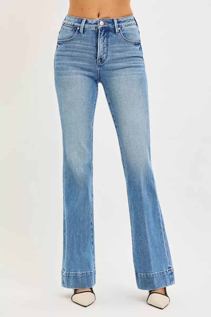 RISEN Tummy Control 4 Way Stretch Mid Rise Flare Jeans - H&A Outlet