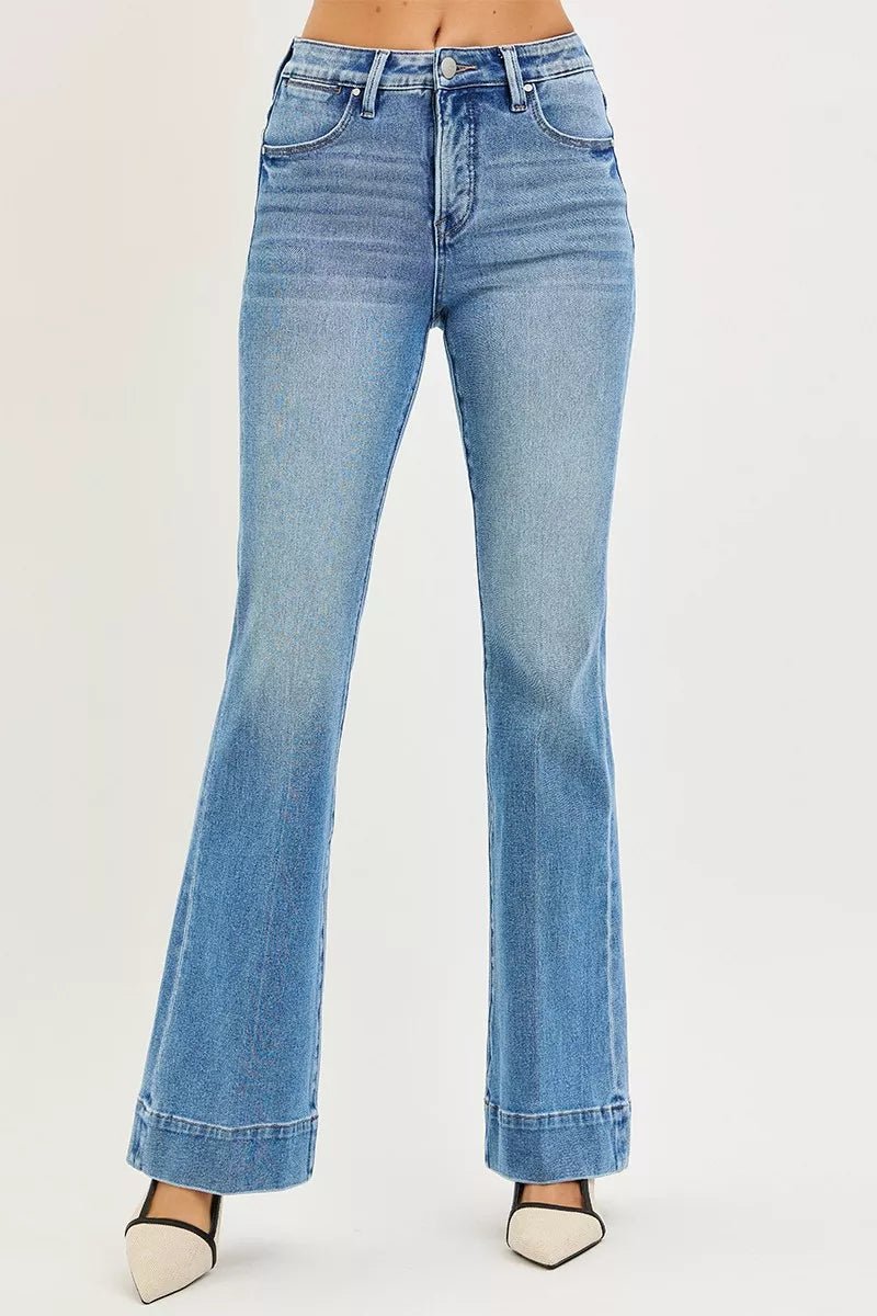 RISEN Tummy Control 4 Way Stretch Mid Rise Flare Jeans - H&A Outlet