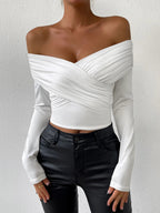 Sexy Deep V - Neck Long Sleeve Small Top White Slim Fit Off - H&A Outlet