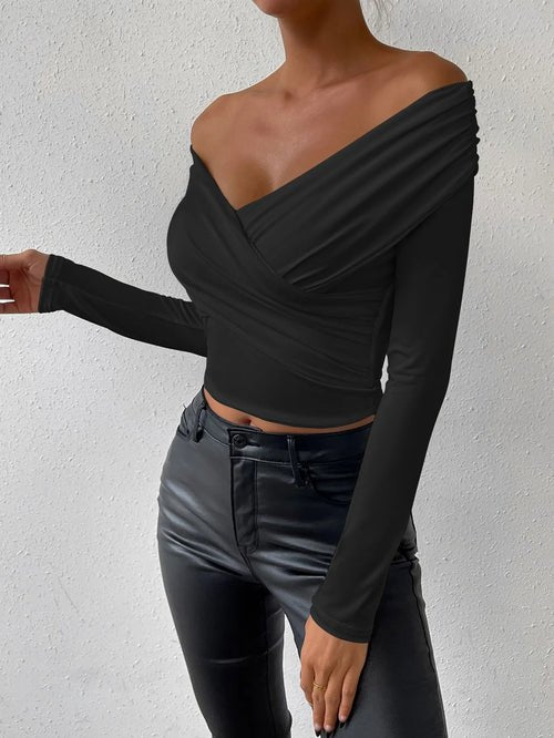 Sexy Deep V - Neck Long Sleeve Small Top White Slim Fit Off - H&A Outlet