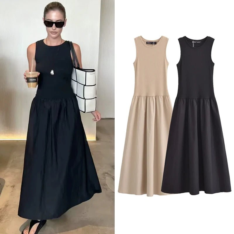 TRAF Women's Black Long Dresses 2025 Spring Sleeveless Elegant Dresses - H&A Outlet