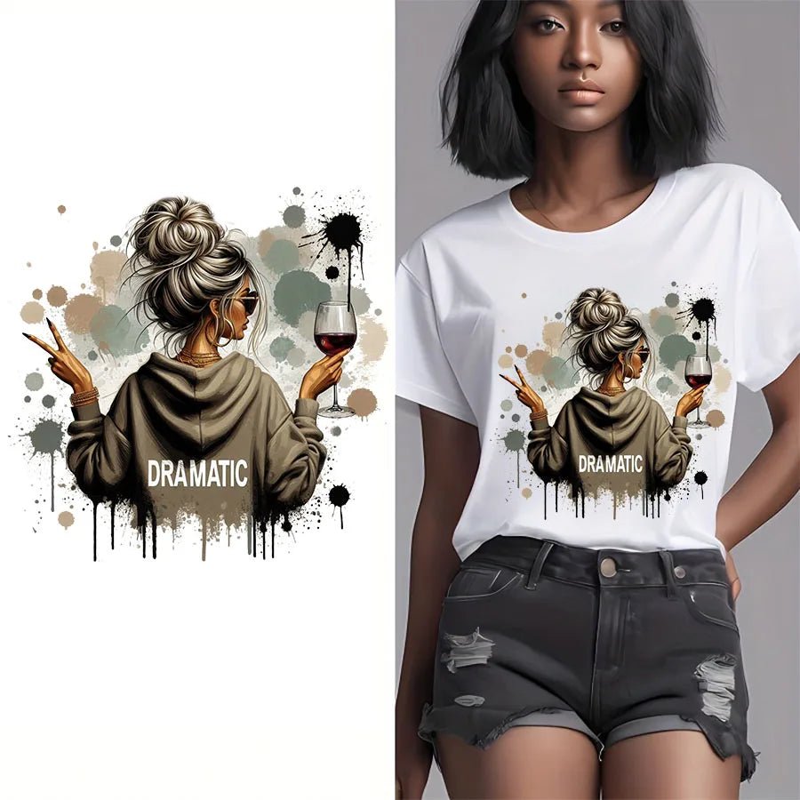 Trendy Vintage Retro Woman DRAMATIC Iron - On Heat Transfer Stickers Decals for T-shirts Sweatshirts Bags Clothing Fabric Decor - H&A Outlet