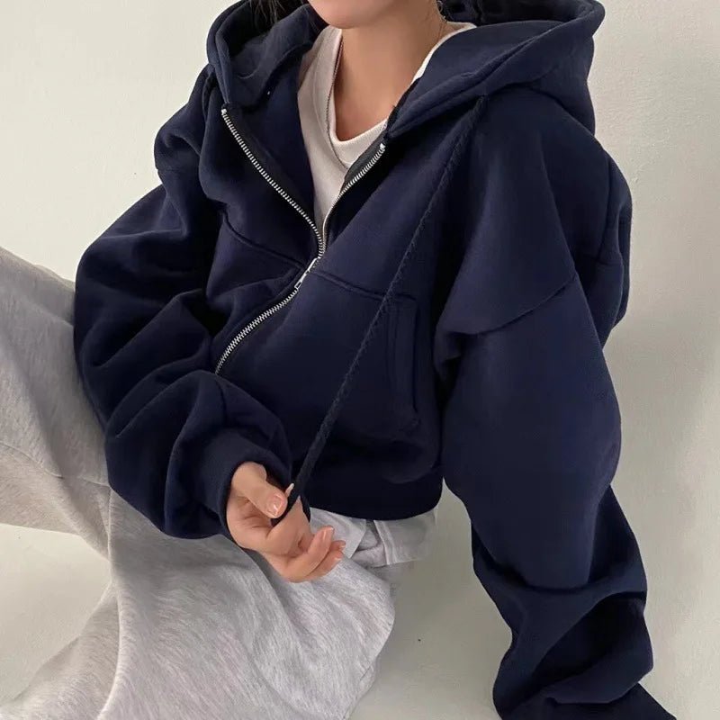 Versatile Cropped Slims Smooths Silhouette Zip - up Warm Hooded Sweatshirt - H&A Outlet