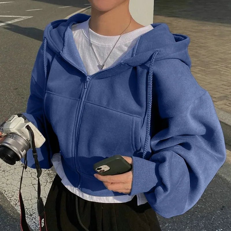 Versatile Cropped Slims Smooths Silhouette Zip - up Warm Hooded Sweatshirt - H&A Outlet