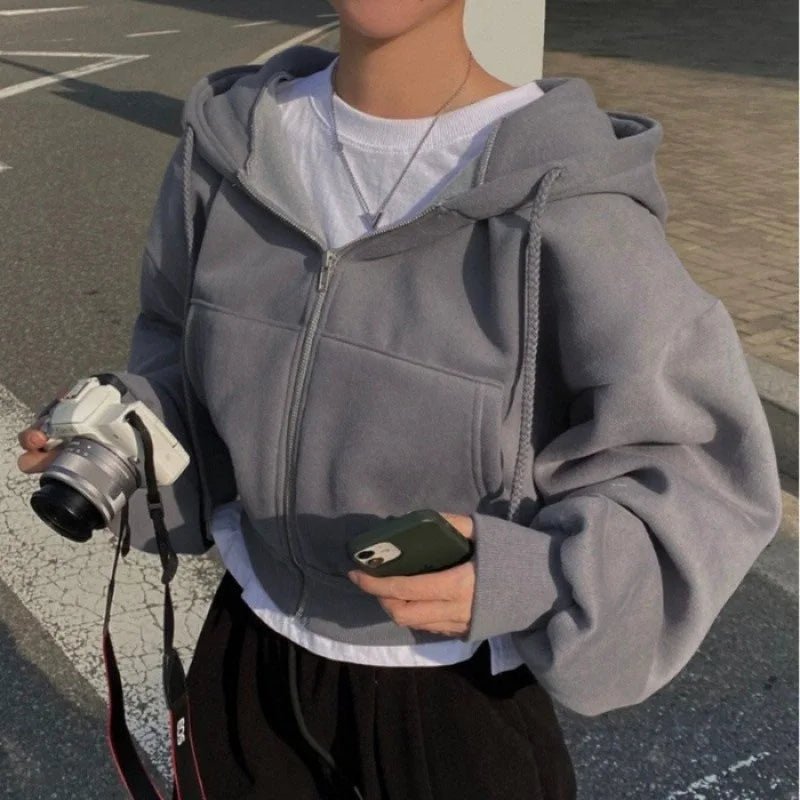 Versatile Cropped Slims Smooths Silhouette Zip - up Warm Hooded Sweatshirt - H&A Outlet