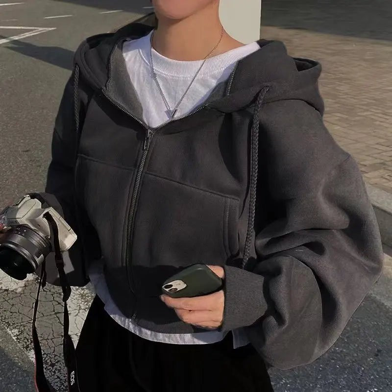 Versatile Cropped Slims Smooths Silhouette Zip - up Warm Hooded Sweatshirt - H&A Outlet