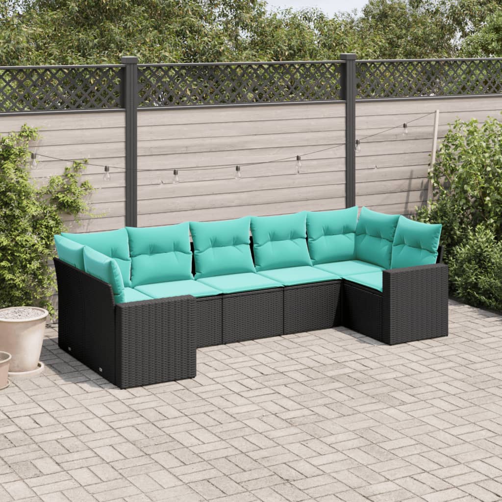 vidaXL 7 Piece Patio Sofa Set with Cushions Black Poly Rattan - H&A Outlet