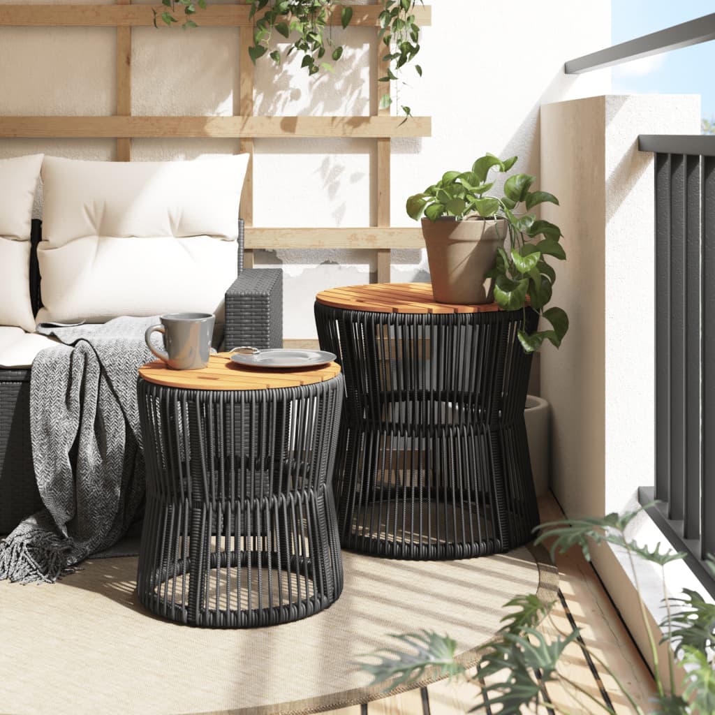 vidaXL Patio Side Tables 2 pcs with Wooden Top Black Poly Rattan - H&A Outlet