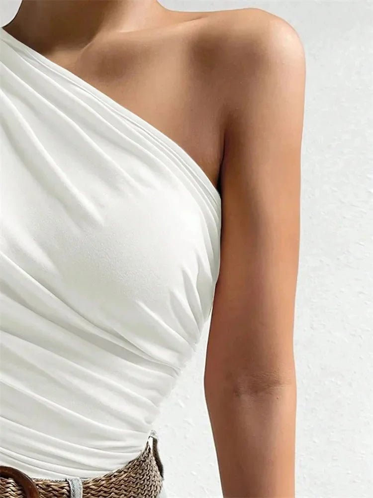 Women One Shoulder Pleated Tank Top Summer Solid Sleeveless Ruched - H&A Outlet