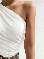 Women One Shoulder Pleated Tank Top Summer Solid Sleeveless Ruched - H&A Outlet