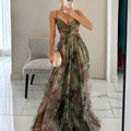 Women's Swing Dress Elegant Sexy V Neck Strap Printing Zipper Sleeveless Abstract Color Block Maxi Long Dress Holiday Cocktail Party - H&A Outlet