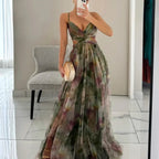 Women's Swing Dress Elegant Sexy V Neck Strap Printing Zipper Sleeveless Abstract Color Block Maxi Long Dress Holiday Cocktail Party - H&A Outlet