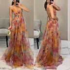 Women's Swing Dress Elegant Sexy V Neck Strap Printing Zipper Sleeveless Abstract Color Block Maxi Long Dress Holiday Cocktail Party - H&A Outlet