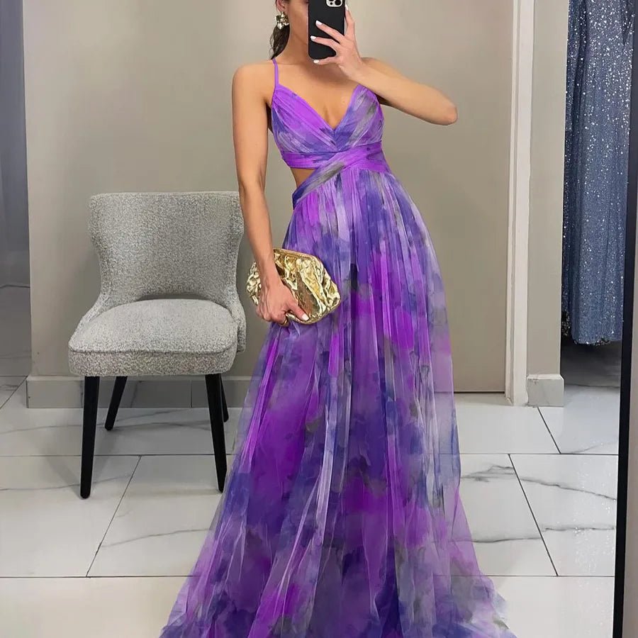 Women's Swing Dress Elegant Sexy V Neck Strap Printing Zipper Sleeveless Abstract Color Block Maxi Long Dress Holiday Cocktail Party - H&A Outlet