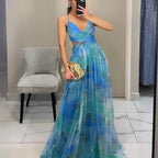 Women's Swing Dress Elegant Sexy V Neck Strap Printing Zipper Sleeveless Abstract Color Block Maxi Long Dress Holiday Cocktail Party - H&A Outlet