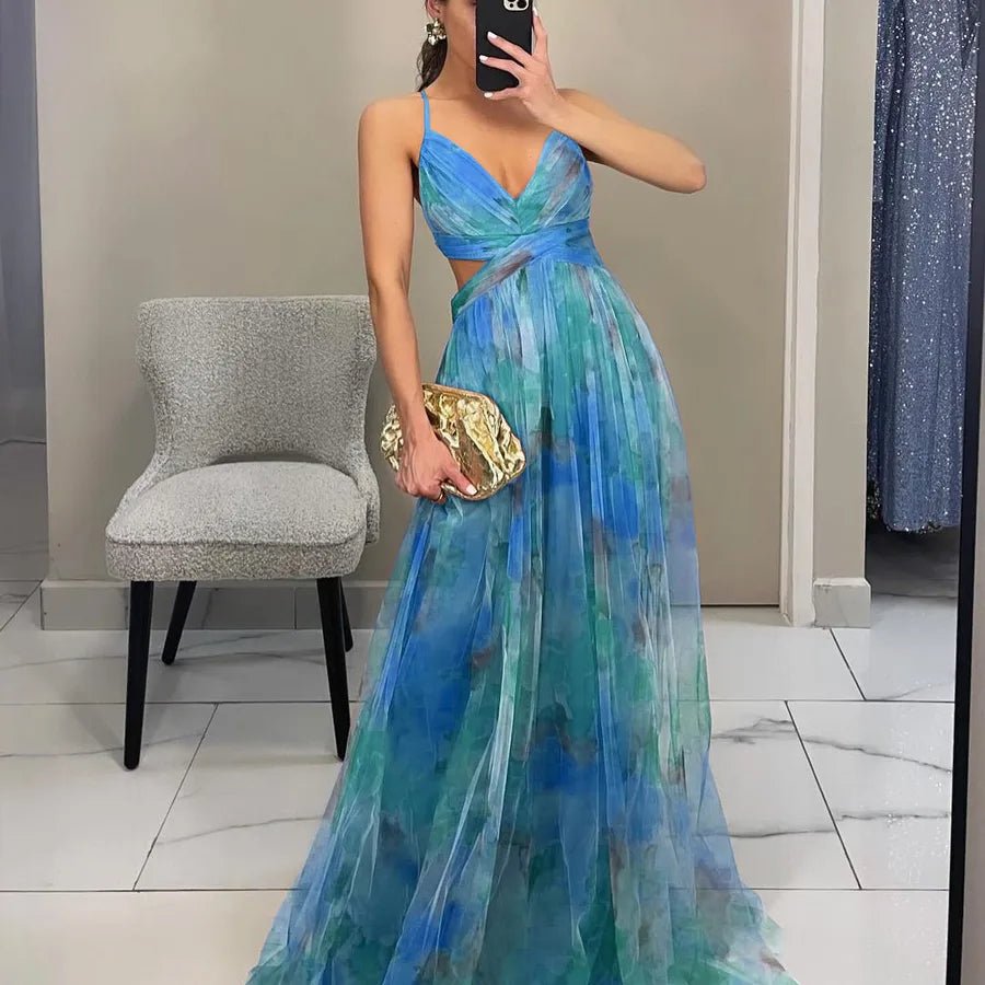 Women's Swing Dress Elegant Sexy V Neck Strap Printing Zipper Sleeveless Abstract Color Block Maxi Long Dress Holiday Cocktail Party - H&A Outlet