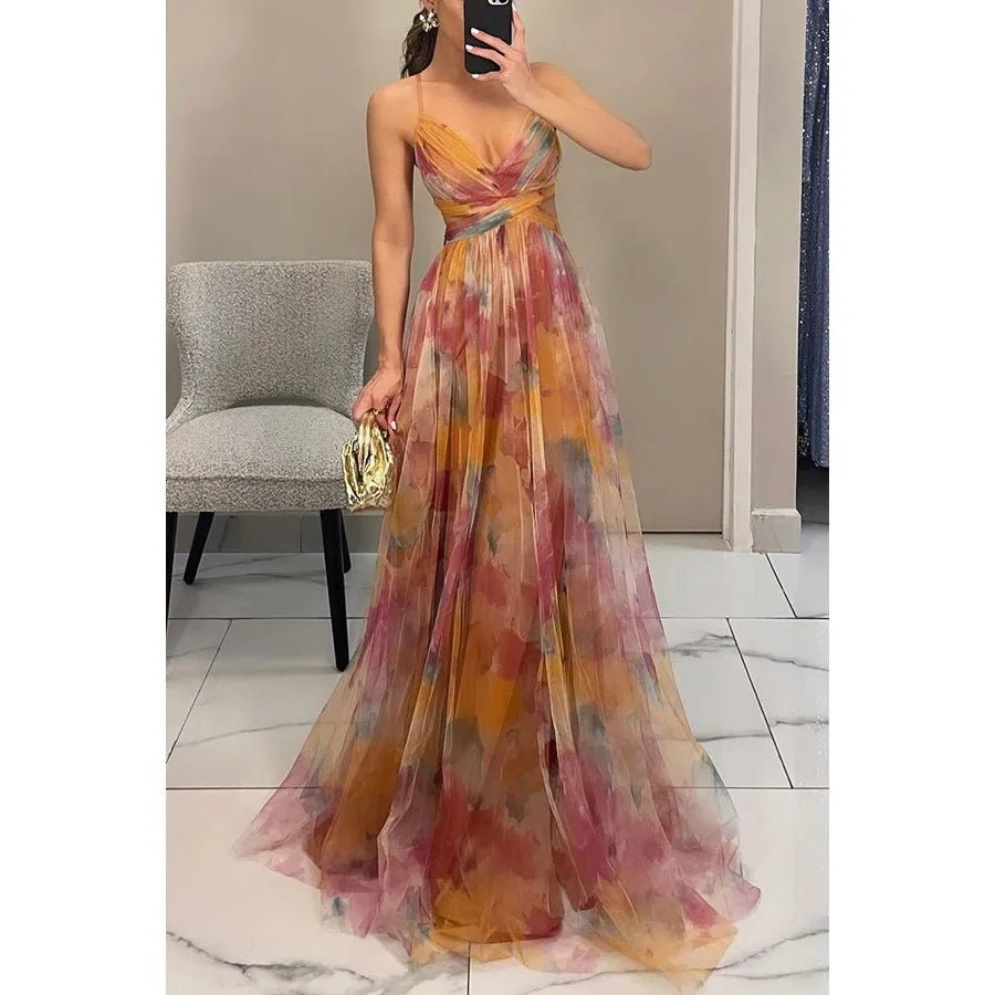 Women's Swing Dress Elegant Sexy V Neck Strap Printing Zipper Sleeveless Abstract Color Block Maxi Long Dress Holiday Cocktail Party - H&A Outlet