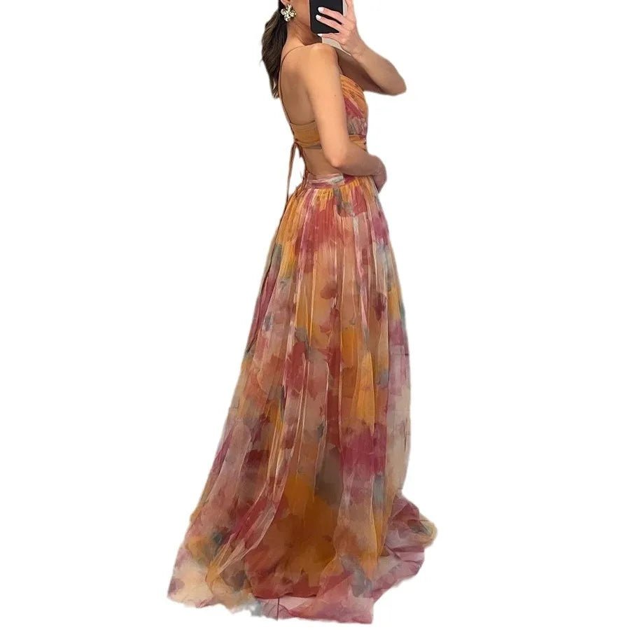 Women's Swing Dress Elegant Sexy V Neck Strap Printing Zipper Sleeveless Abstract Color Block Maxi Long Dress Holiday Cocktail Party - H&A Outlet