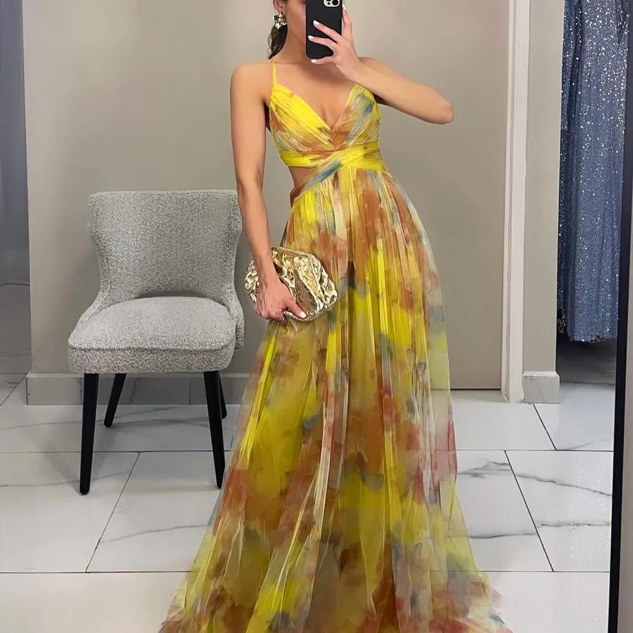 Women's Swing Dress Elegant Sexy V Neck Strap Printing Zipper Sleeveless Abstract Color Block Maxi Long Dress Holiday Cocktail Party - H&A Outlet