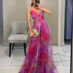 Women's Swing Dress Elegant Sexy V Neck Strap Printing Zipper Sleeveless Abstract Color Block Maxi Long Dress Holiday Cocktail Party - H&A Outlet