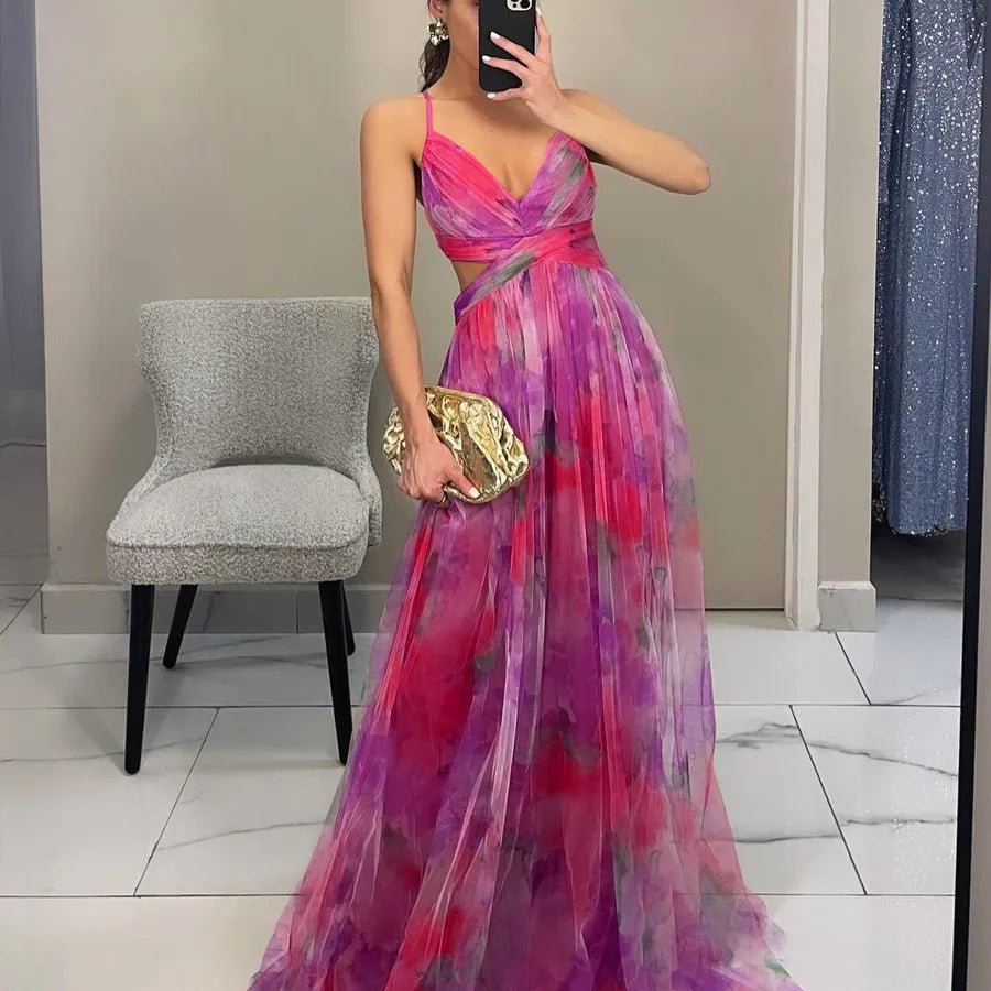 Women's Swing Dress Elegant Sexy V Neck Strap Printing Zipper Sleeveless Abstract Color Block Maxi Long Dress Holiday Cocktail Party - H&A Outlet