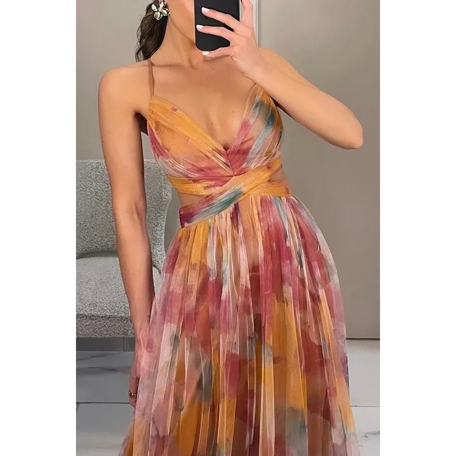 Women's Swing Dress Elegant Sexy V Neck Strap Printing Zipper Sleeveless Abstract Color Block Maxi Long Dress Holiday Cocktail Party - H&A Outlet