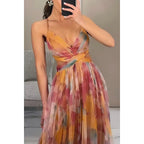 Women's Swing Dress Elegant Sexy V Neck Strap Printing Zipper Sleeveless Abstract Color Block Maxi Long Dress Holiday Cocktail Party - H&A Outlet