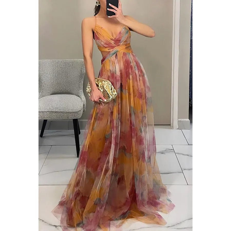 Women's Swing Dress Elegant Sexy V Neck Strap Printing Zipper Sleeveless Abstract Color Block Maxi Long Dress Holiday Cocktail Party - H&A Outlet