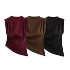 Women's T-shirt Sleeveless T-Shirts Pleated Wine Red Casual Solid Color - H&A Outlet