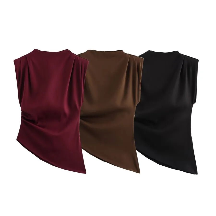 Women's T-shirt Sleeveless T-Shirts Pleated Wine Red Casual Solid Color - H&A Outlet