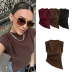 Women's T-shirt Sleeveless T-Shirts Pleated Wine Red Casual Solid Color - H&A Outlet