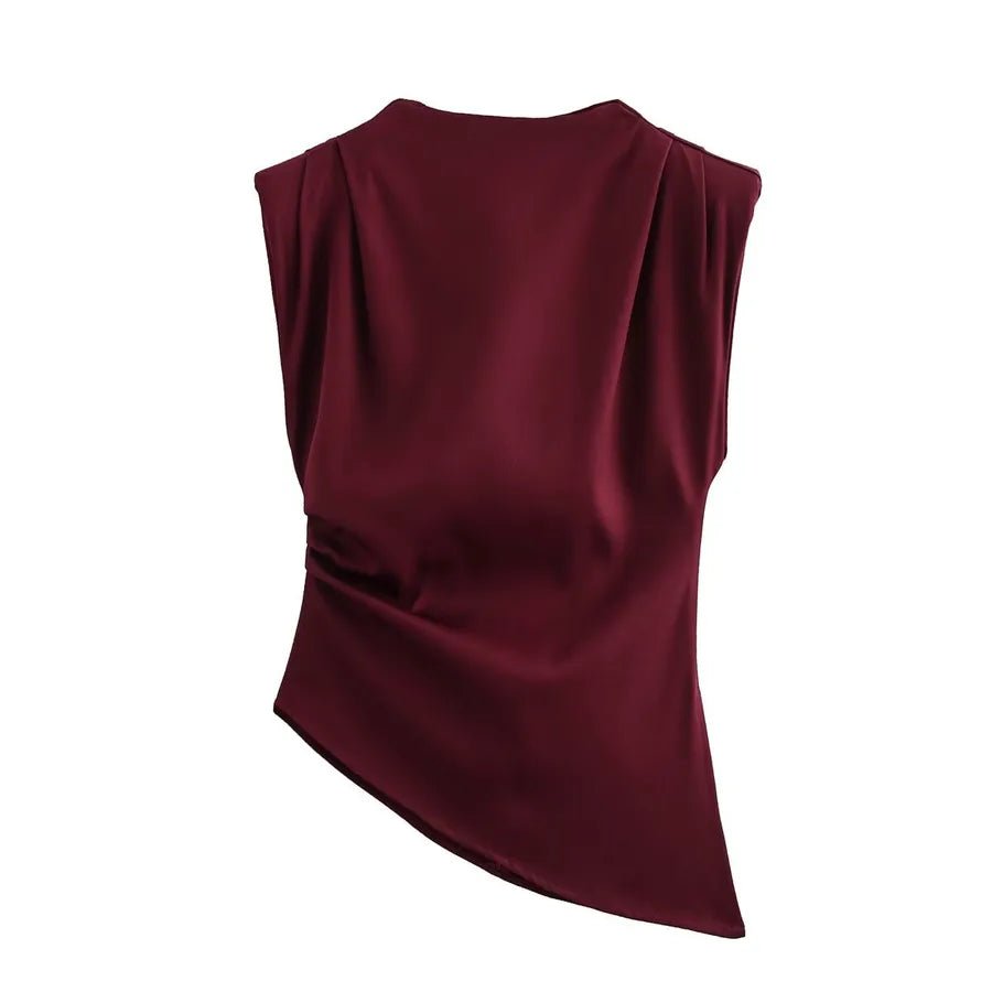 Women's T-shirt Sleeveless T-Shirts Pleated Wine Red Casual Solid Color - H&A Outlet